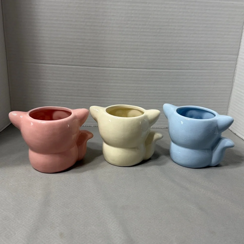 Set of 3 Fox Shaped Ceramic Planters Pink Blue Cream Small Potted or Air Plants